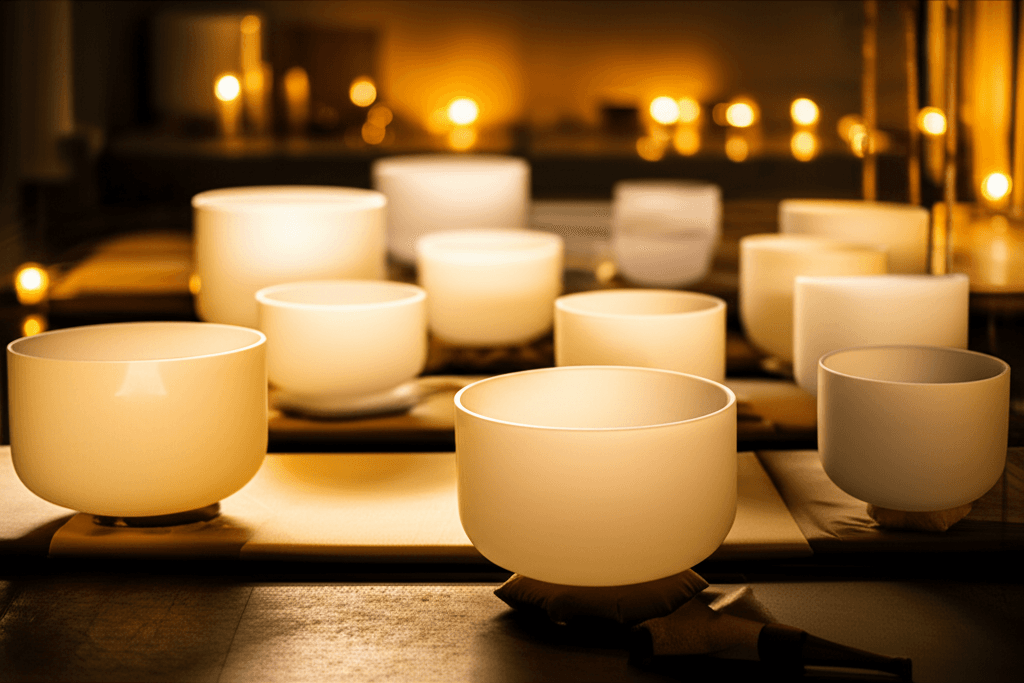A serene sound bath at Soul Art Dubai with founder Larissa Steinbach, showing crystal bowls representing the healing power of Solfeggio Frequencies.