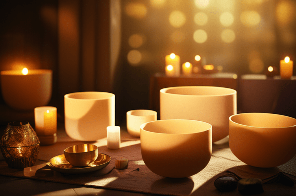 A person in a serene meditation pose surrounded by warm, glowing sound bowls and gentle light, representing the harmonious blend of science and wellness at Soul Art Dubai, founded by Larissa Steinbach, exploring Solfeggio frequencies for deep relaxation and holistic well-being.