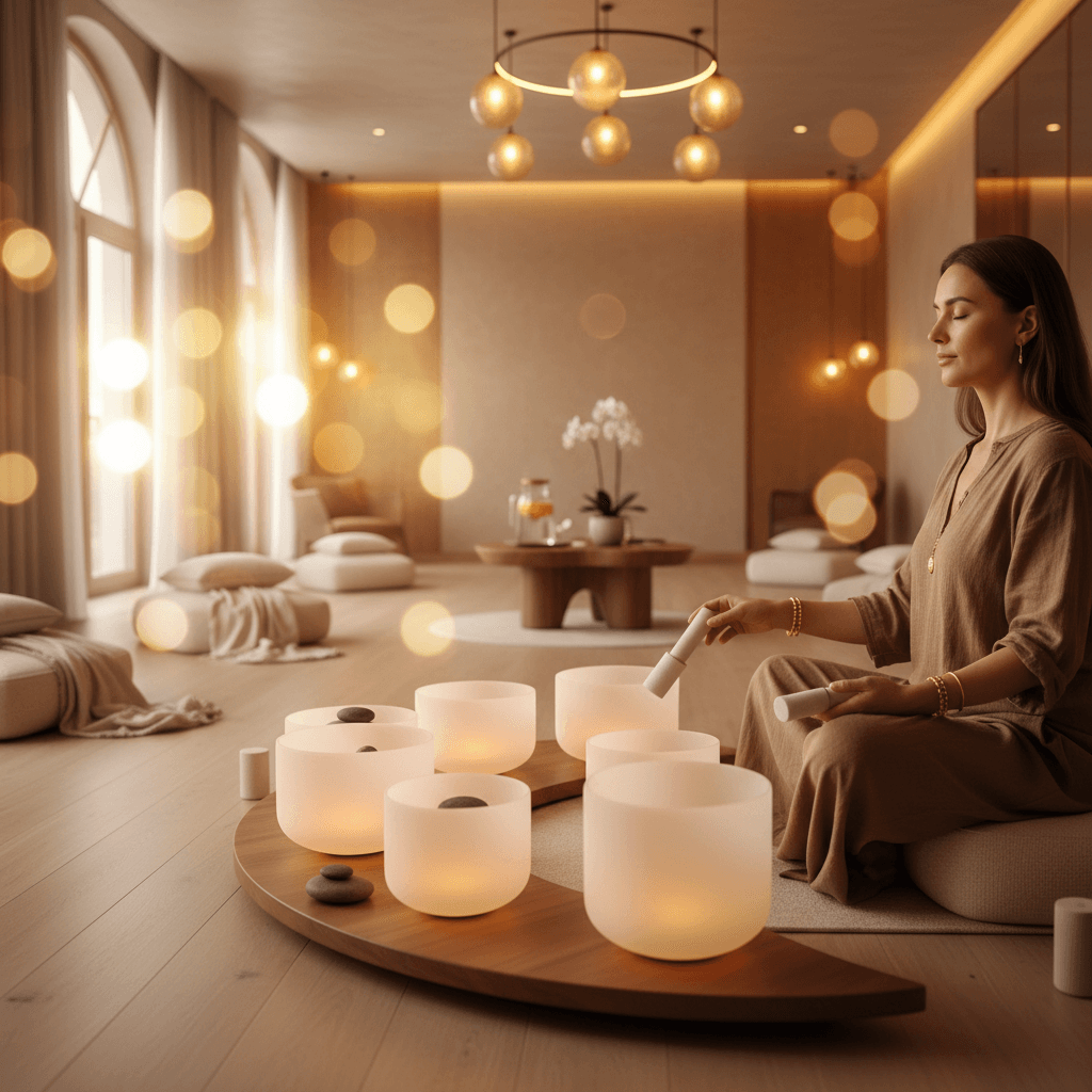 Larissa Steinbach, founder of Soul Art, leading a serene sound healing session in Dubai, symbolizing harmony with celestial cycles during a solstice ceremony, promoting deep wellness and relaxation.