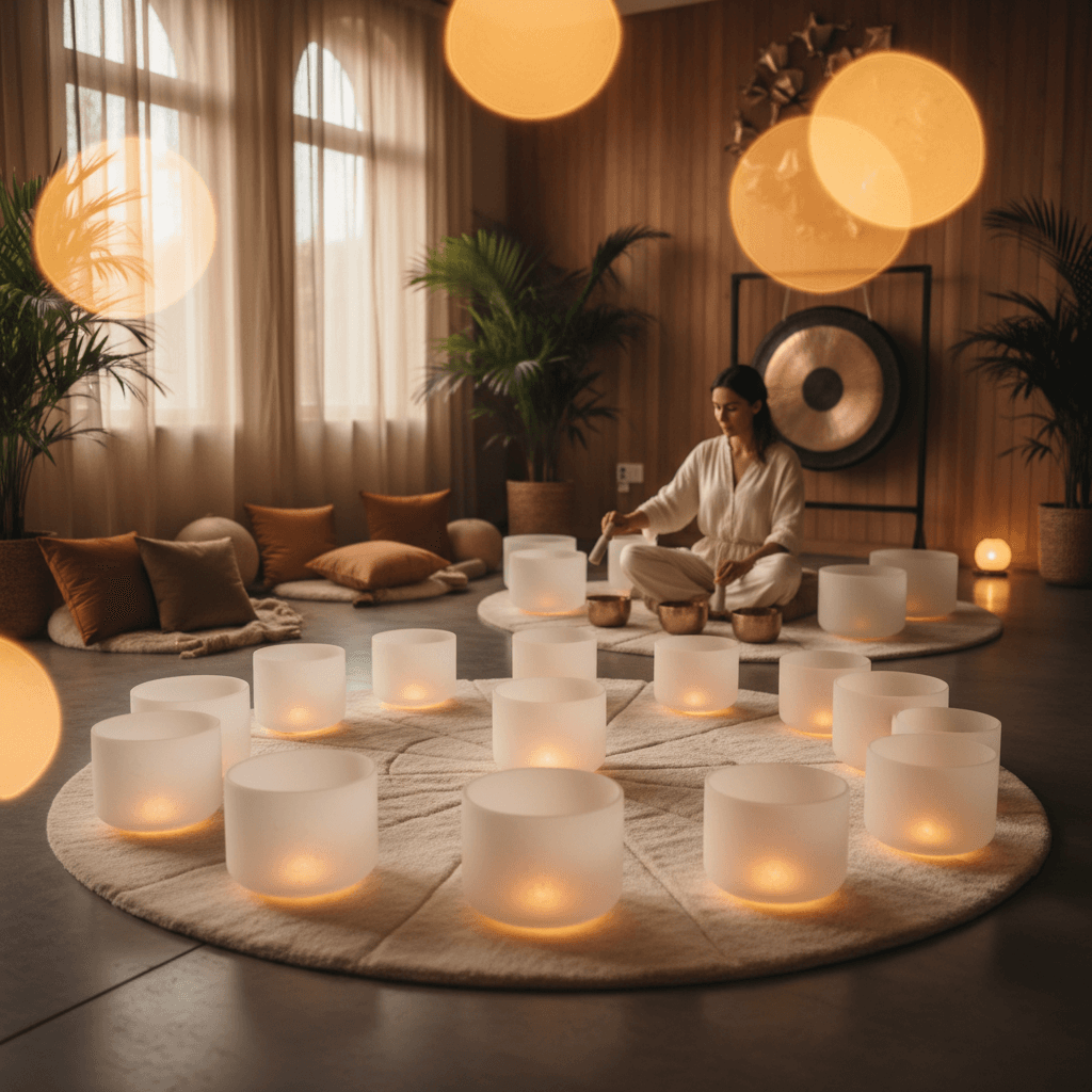 A person meditating surrounded by crystal singing bowls, with ethereal light, representing Soul Art and Larissa Steinbach's Soul Retrieval Sound Ceremonies for holistic wellness.