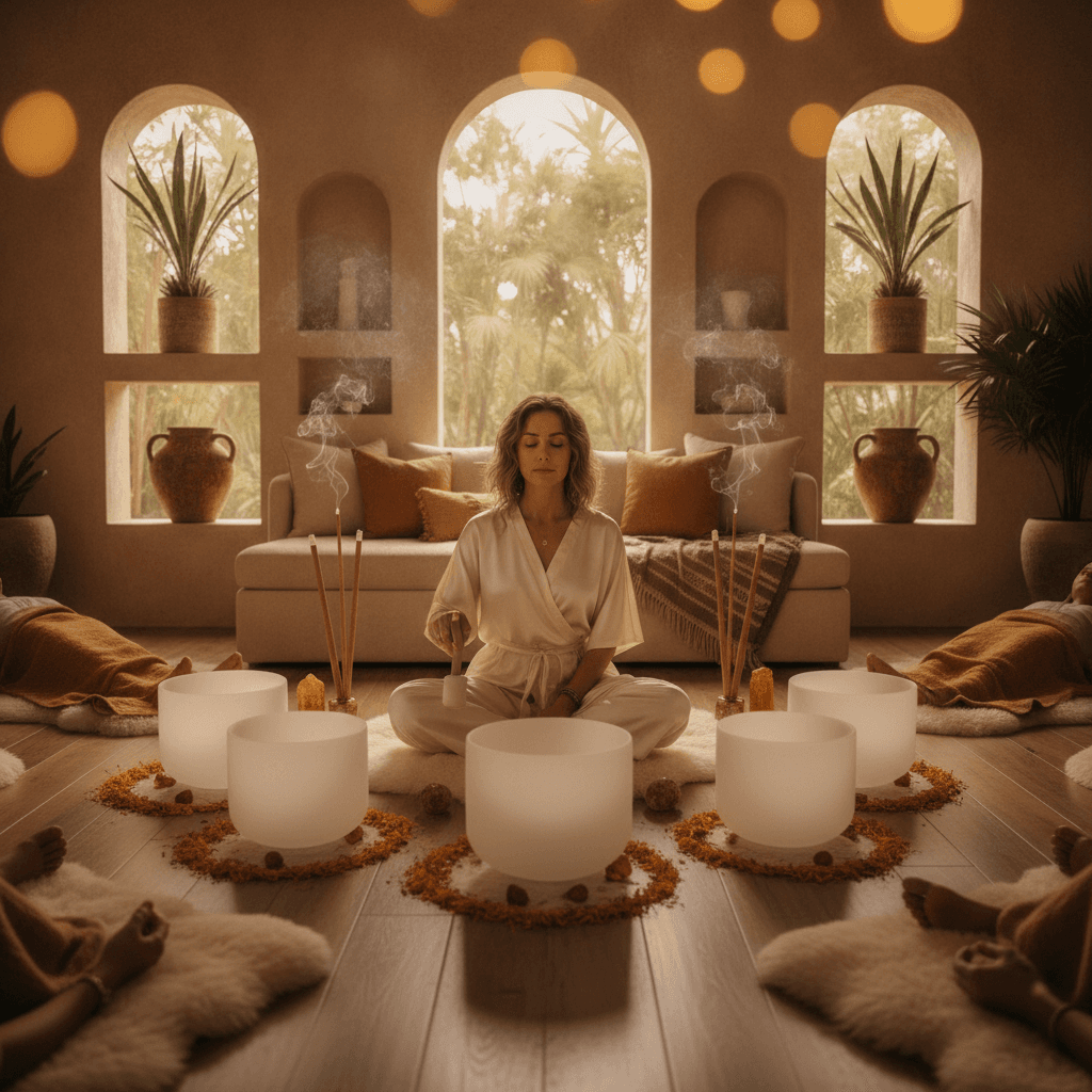 A serene image showing hands holding a singing bowl with gentle vibrations, representing the calming influence of sound on the body's connective tissues, specifically fascia, as experienced at Soul Art Dubai, founded by Larissa Steinbach.