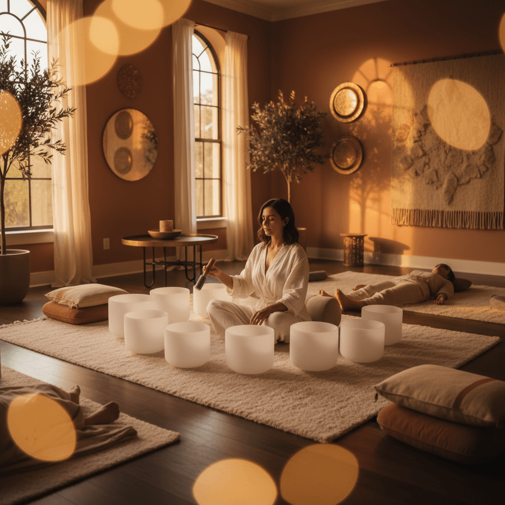 Eine beruhigende Szene in einem Klang-Wellness-Studio von Soul Art Dubai, mit Larissa Steinbach und Klangschalen, Fokus auf Sicherheit mit Herzschrittmachern.