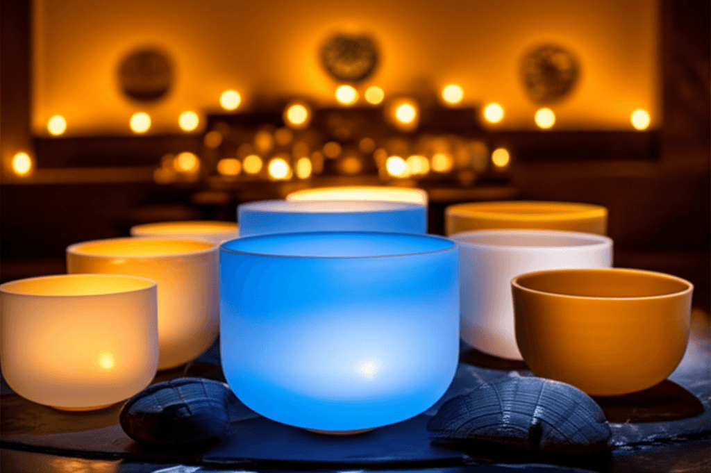 Eine Person praktiziert Pranayama-Atemübungen, umgeben von sanften Klangwellen, die von Klangschalen ausgehen – eine tiefgreifende Wellness-Erfahrung bei Soul Art von Larissa Steinbach.