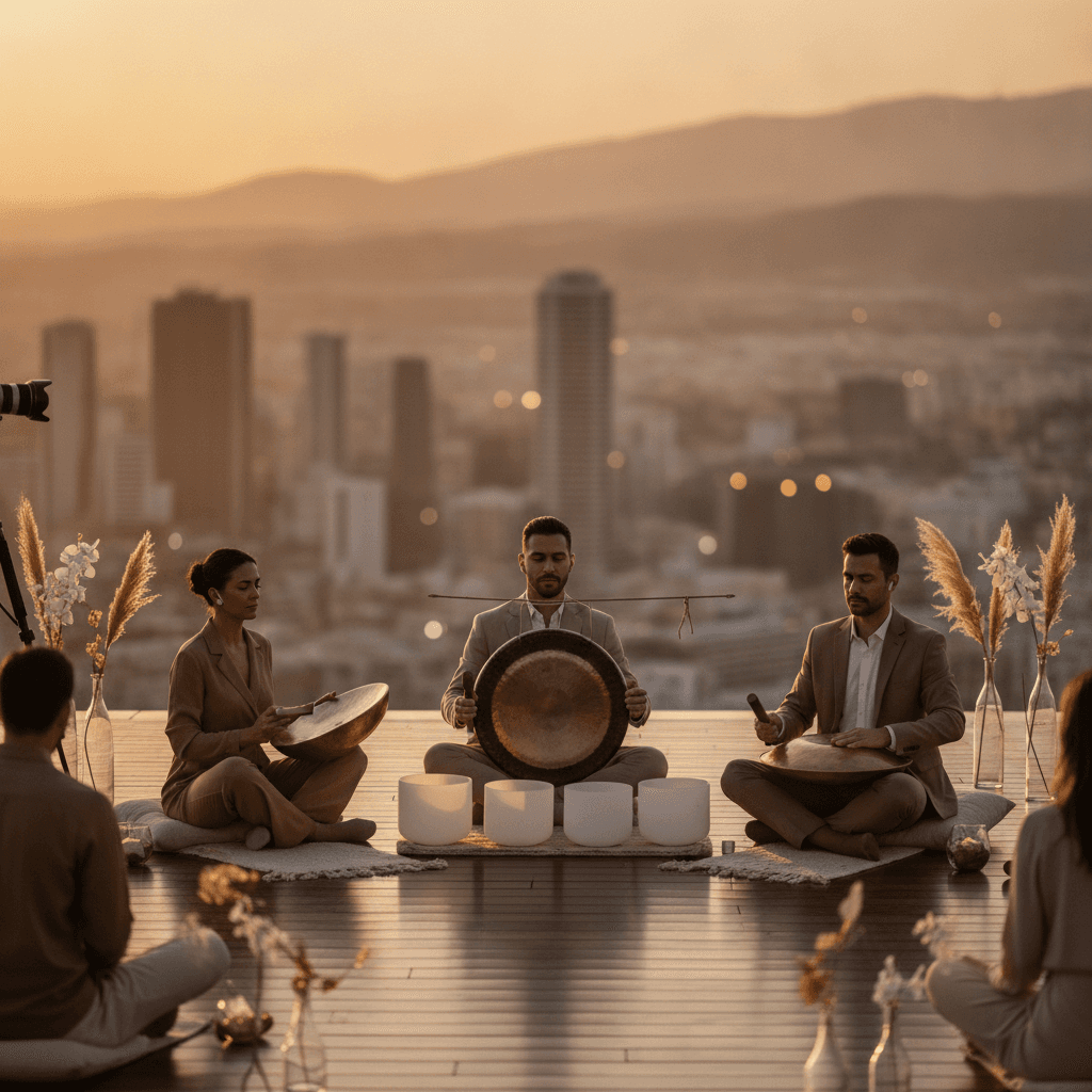 سيدات يشاركن في جلسة حمام الصوت مع أدوات علاجية، مع خلفية تعكس الهدوء والتركيز. تُظهر الصورة جوًا احترافيًا وهادئًا يعكس خدمات سول آرت بقيادة لاريسا ستاينباخ في دبي.