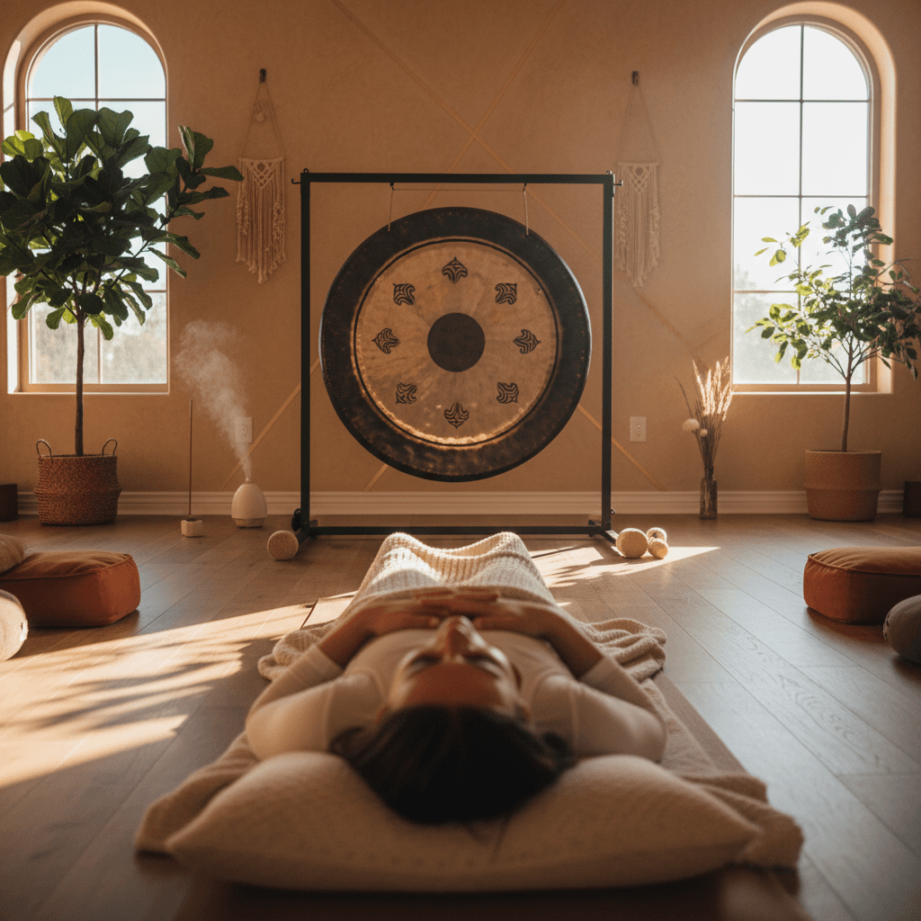 Larissa Steinbach of Soul Art leading a tranquil sound bath ceremony in Dubai, surrounded by glowing crystal bowls and gongs, for deep relaxation and stress reduction during life transitions.