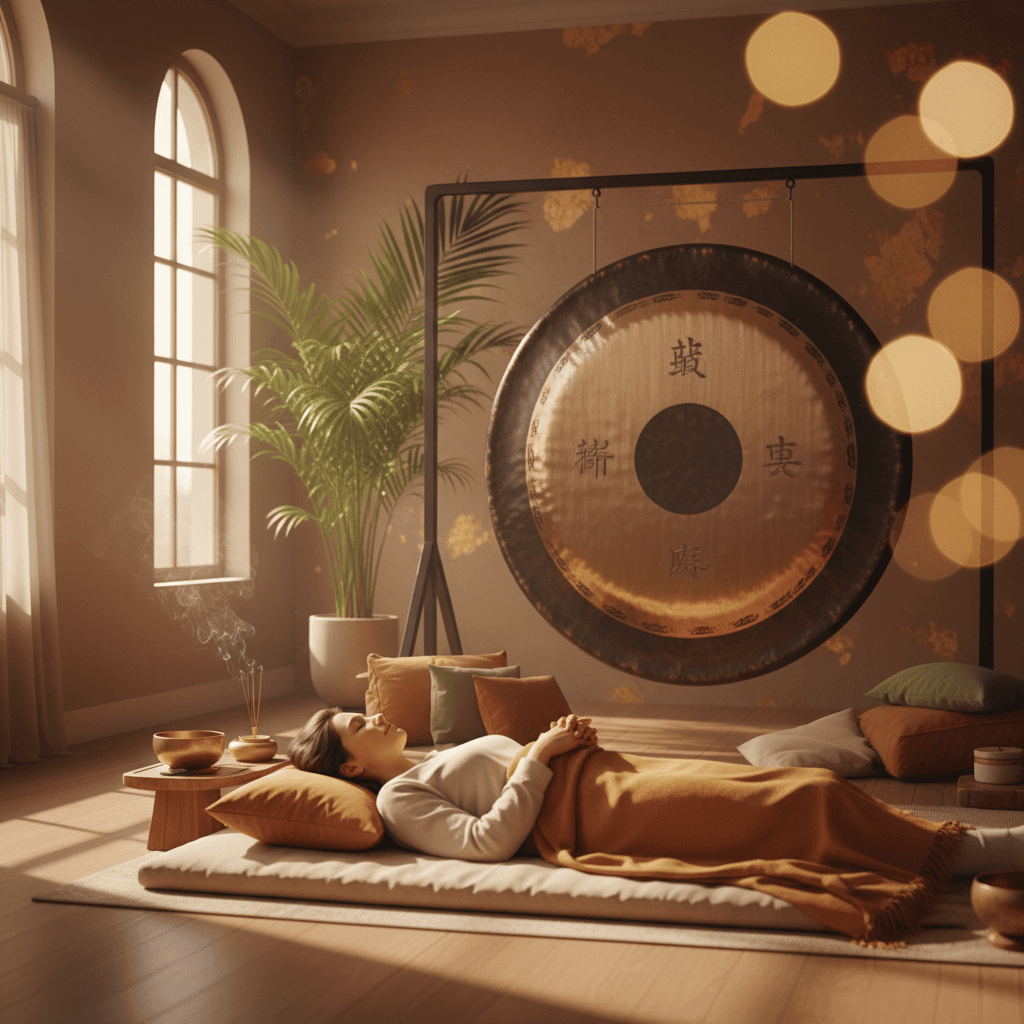 A serene sound bath setup at Soul Art Dubai, with crystal singing bowls arranged on a soft rug, hinting at the specialized migraine-supportive sessions designed by Larissa Steinbach.
