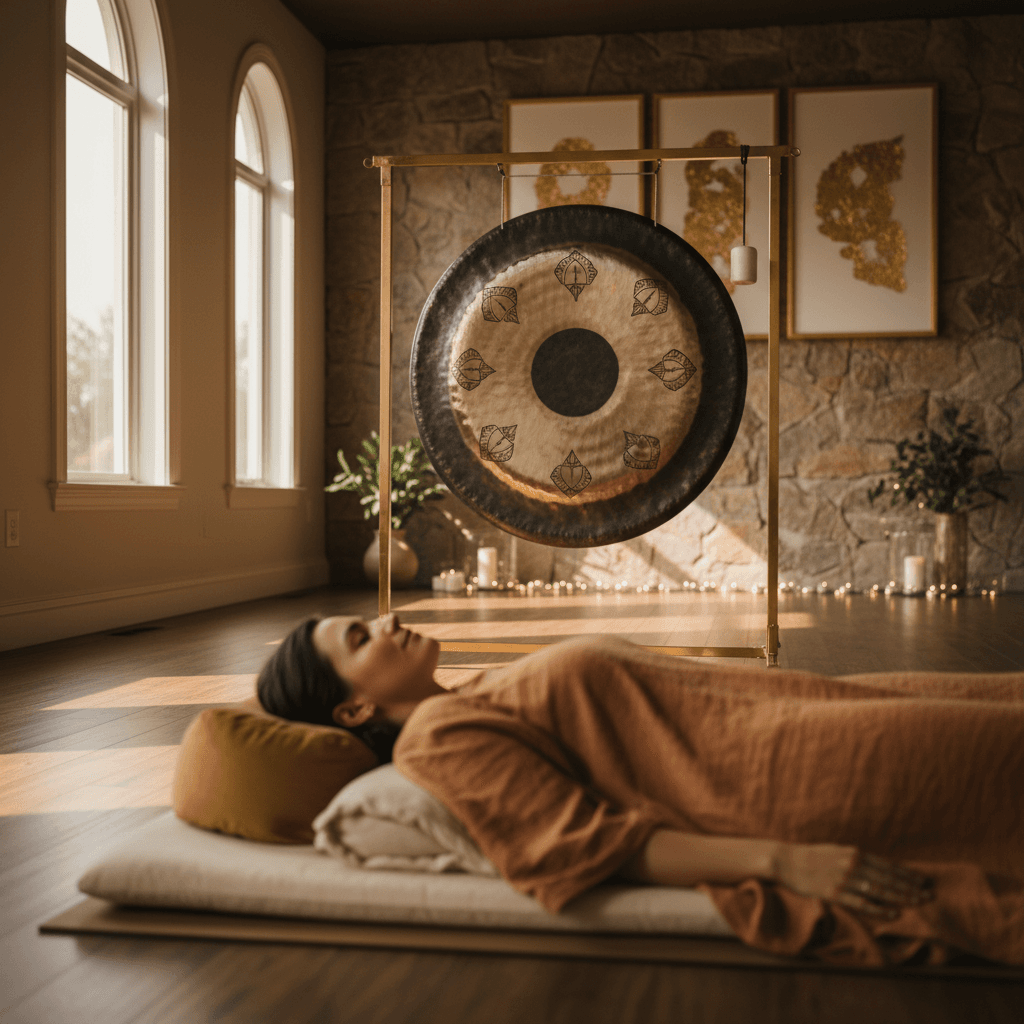 A serene sound bath setting with crystal singing bowls and gongs, ready for first-time guests at Soul Art Dubai, led by Larissa Steinbach, emphasizing calm and relaxation.