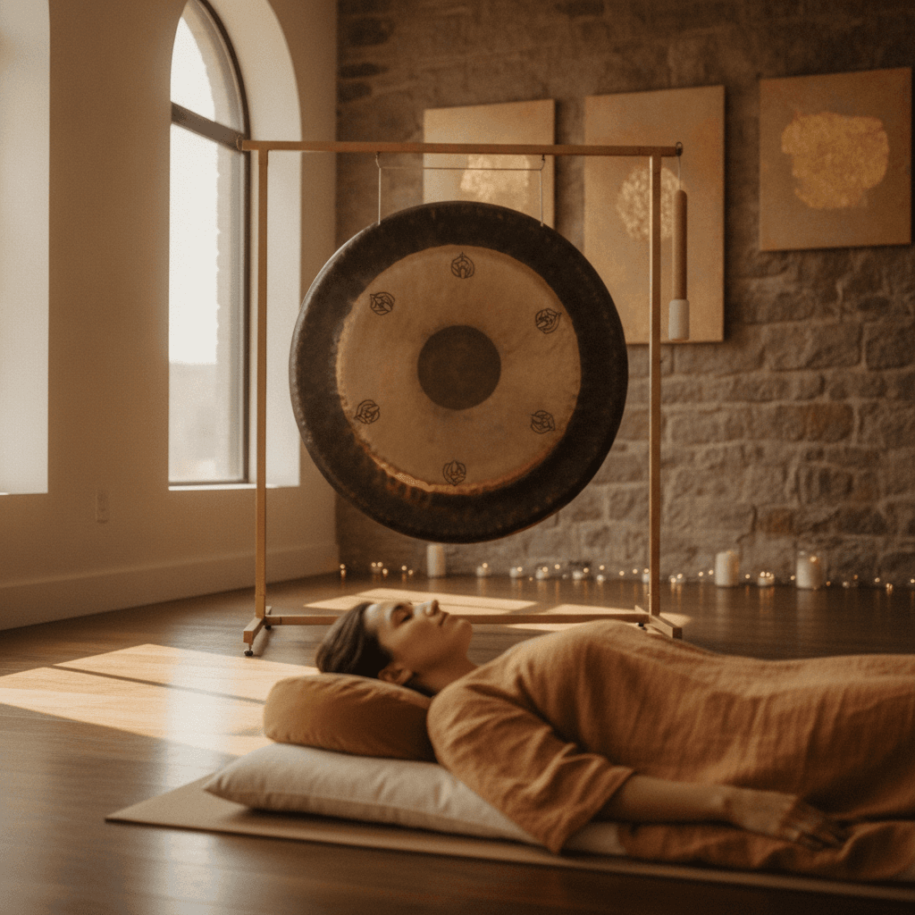 Larissa Steinbach facilitating a serene group sound bath session at Soul Art Dubai, with participants relaxing amidst singing bowls and gongs, illustrating optimal sound bath etiquette in a tranquil setting.