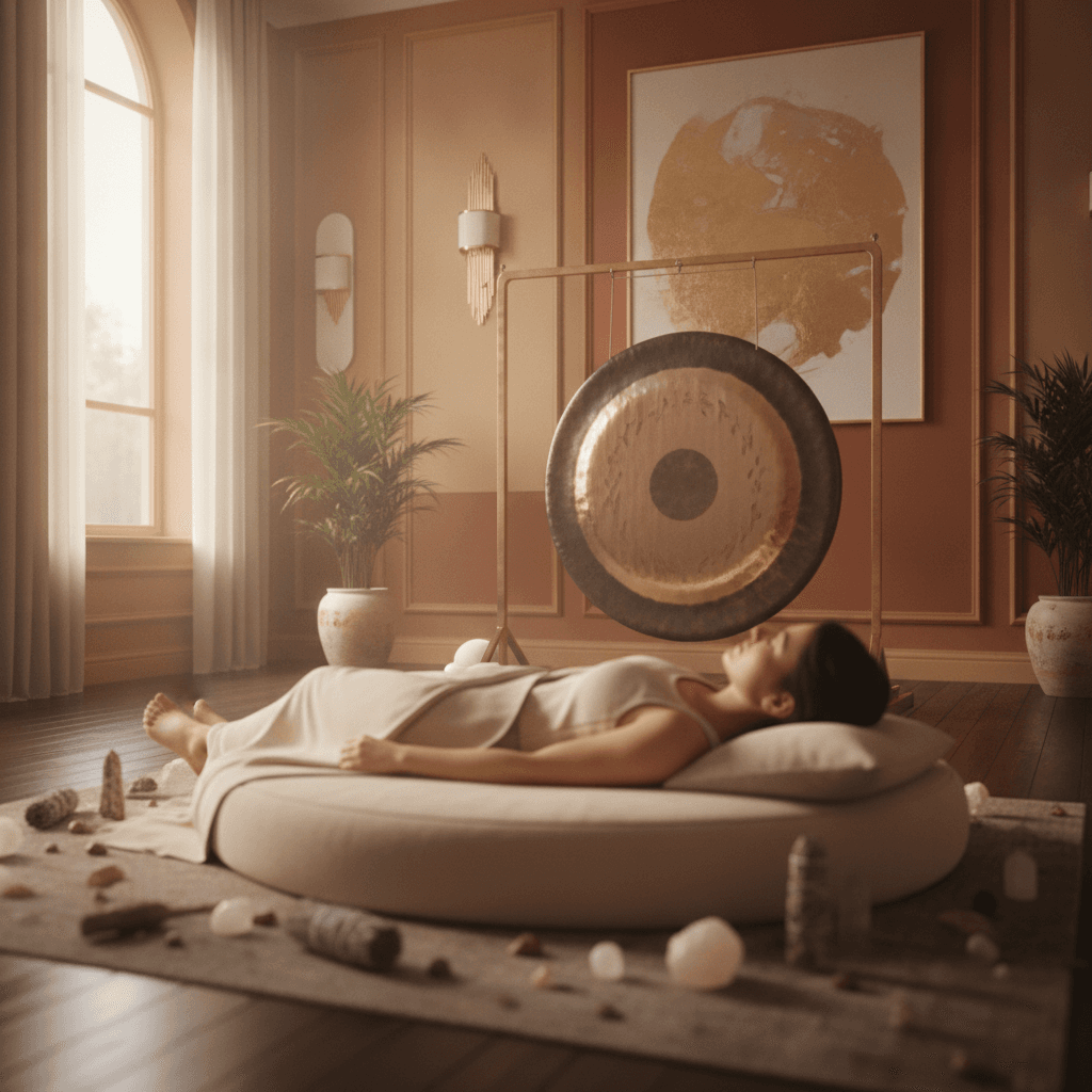A diverse blended family group in a serene setting, relaxing during a sound bath session at Soul Art Dubai, led by Larissa Steinbach, to promote family wellness and reduce stress.