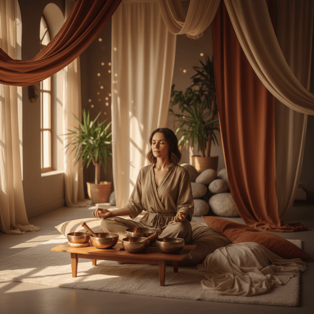 A tranquil sound bath experience with crystal bowls and gongs at Soul Art Dubai, led by Larissa Steinbach, promoting deep relaxation and stress relief.