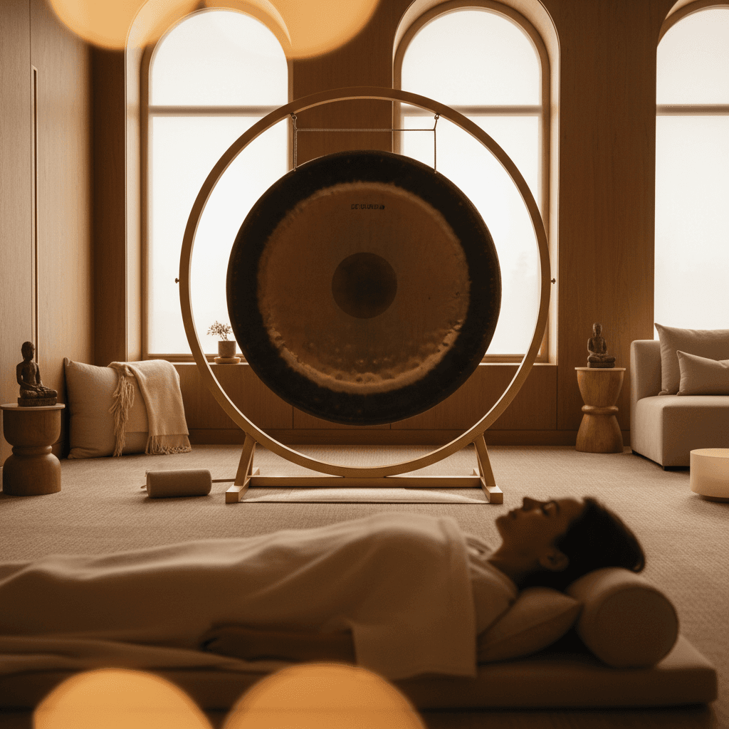 A woman experiencing a sound bath, holding a singing bowl, with soft light. Image highlights the calming atmosphere of Soul Art Dubai, guided by Larissa Steinbach, promoting wellness.