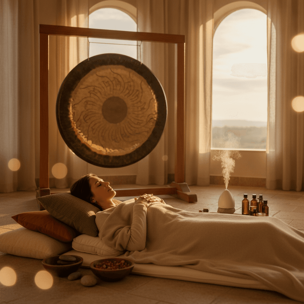 Larissa Steinbach of Soul Art Dubai facilitating a serene sound bath session with singing bowls for empty nest transition wellness, promoting relaxation and mental clarity.