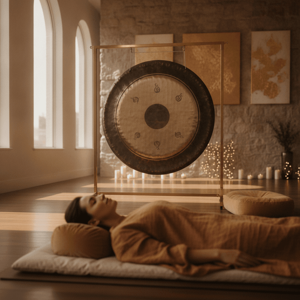 A family holding hands in a serene, softly lit sound bath studio, with singing bowls in the foreground. Soul Art, founded by Larissa Steinbach, offers holistic wellness.