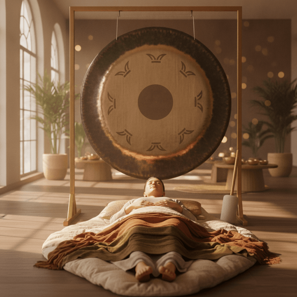 Larissa Steinbach from Soul Art facilitating a serene sound bath session for a group of women, with crystal singing bowls and gongs creating a relaxing atmosphere for intimate wellness gatherings in Dubai.