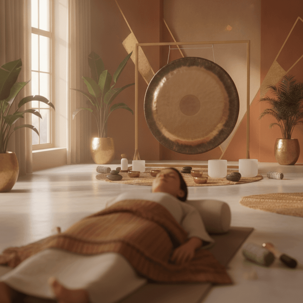 Larissa Steinbach guiding a Soul Art sound bath session, featuring singing bowls and gongs, for legal professionals seeking stress relief and mental clarity in Dubai.