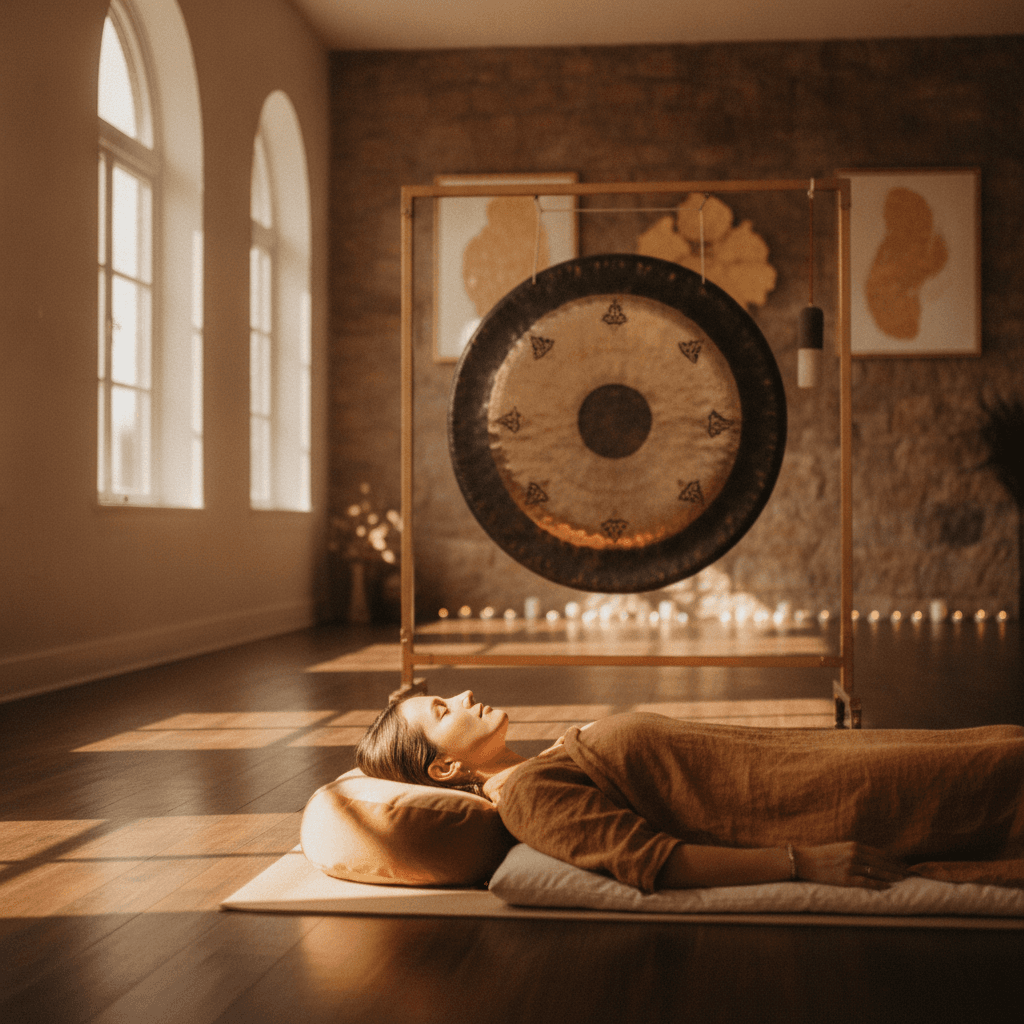 A tranquil scene of a luxury apartment living room in Dubai, bathed in soft, ethereal light, featuring crystal singing bowls and gongs set up for a private sound bath session. This imagery reflects the serene and sophisticated wellness experiences offered by Soul Art and founder Larissa Steinbach.