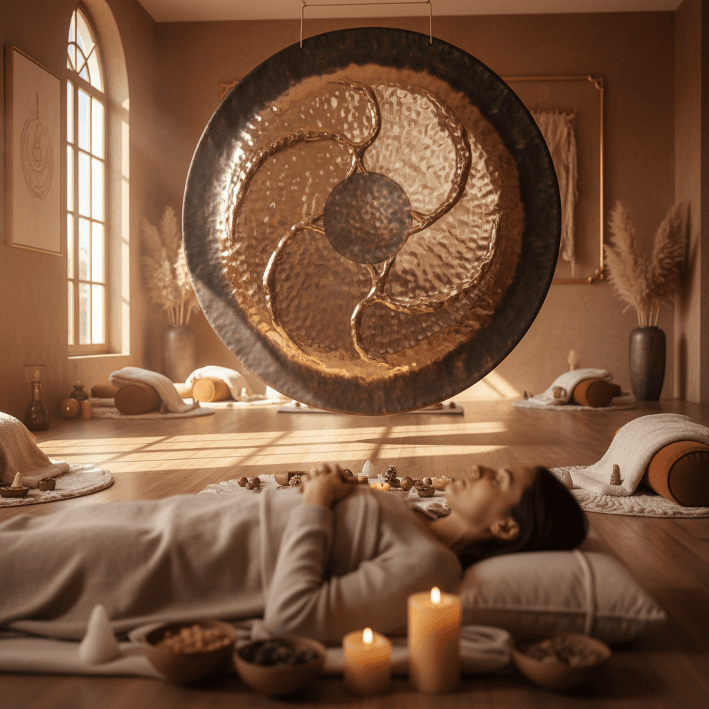 Soul Art sound bath experience by Larissa Steinbach, featuring crystal singing bowls in a luxurious Dubai hotel setting, promoting deep relaxation and wellness.