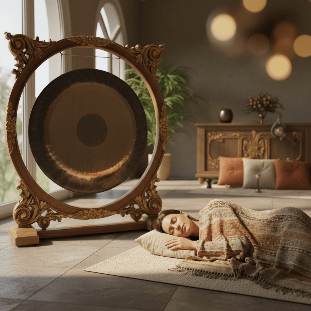 A family, including a parent and a teen, enjoying a peaceful sound bath session at Soul Art, with the soothing presence of various sound healing instruments, curated by Larissa Steinbach.