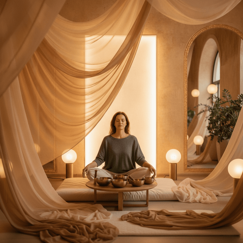 Eine Führungskraft entspannt sich während eines Klangbades bei Soul Art von Larissa Steinbach, um Stress nach einer Produkteinführung zu bewältigen.