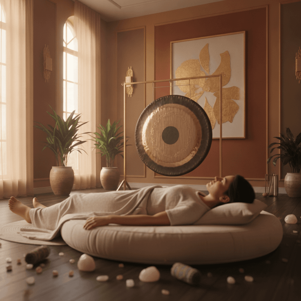 Eine Person entspannt sich während eines Klangbades, umgeben von Klangschalen und einer beruhigenden Atmosphäre bei Soul Art Dubai, gegründet von Larissa Steinbach. Dies ist ein Erlebnis für wellnessorientierte Geburtstage.