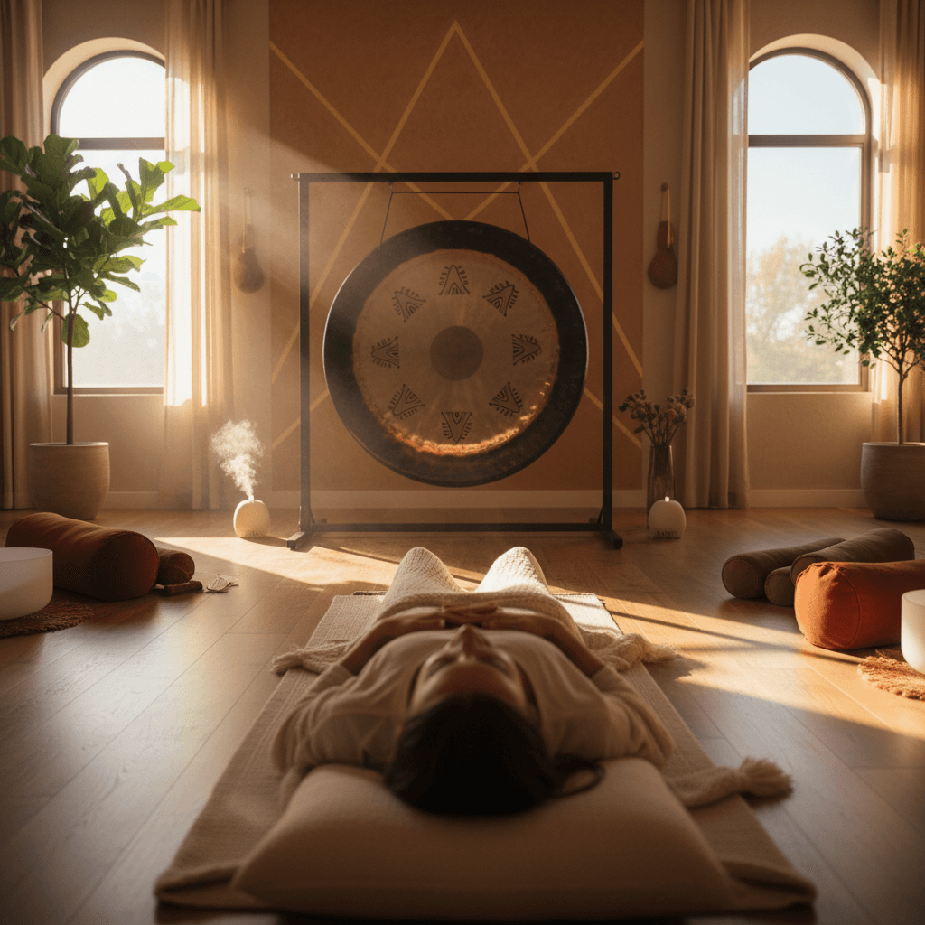 A tranquil scene of a sound bath session in progress, featuring crystal singing bowls and gongs, with soft, ambient lighting. This image highlights the serene atmosphere of Soul Art Dubai's unique wellness offerings, curated by Larissa Steinbach.