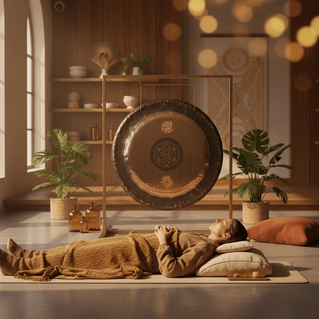 A woman lying down, covered by a blanket, in a serene sound bath session at Soul Art Dubai, with sound bowls and gongs. Larissa Steinbach's studio offers a safe and luxurious wellness experience.