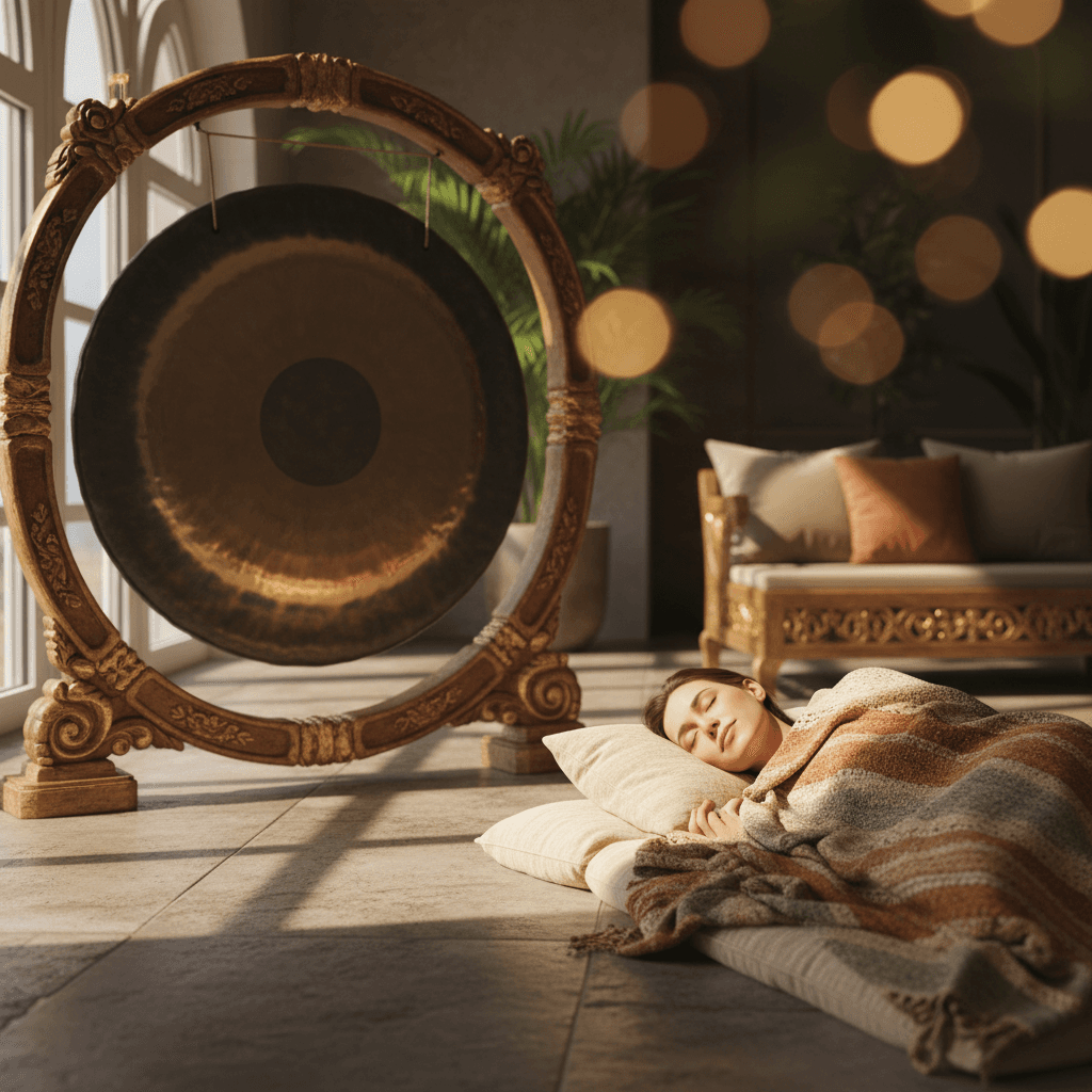 Larissa Steinbach von Soul Art Dubai führt eine entspannende Klangschalen-Sitzung in einem eleganten Wellness-Raum durch, die zur Genesung nach einer Operation beiträgt.