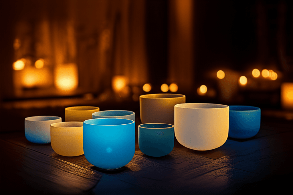 Eine Person entspannt sich inmitten von Klangschalen und Gongs in einem ruhigen Raum, beleuchtet von warmem Licht, was die transformative Kraft von Sound Dosing bei Soul Art Dubai, gegründet von Larissa Steinbach, symbolisiert.