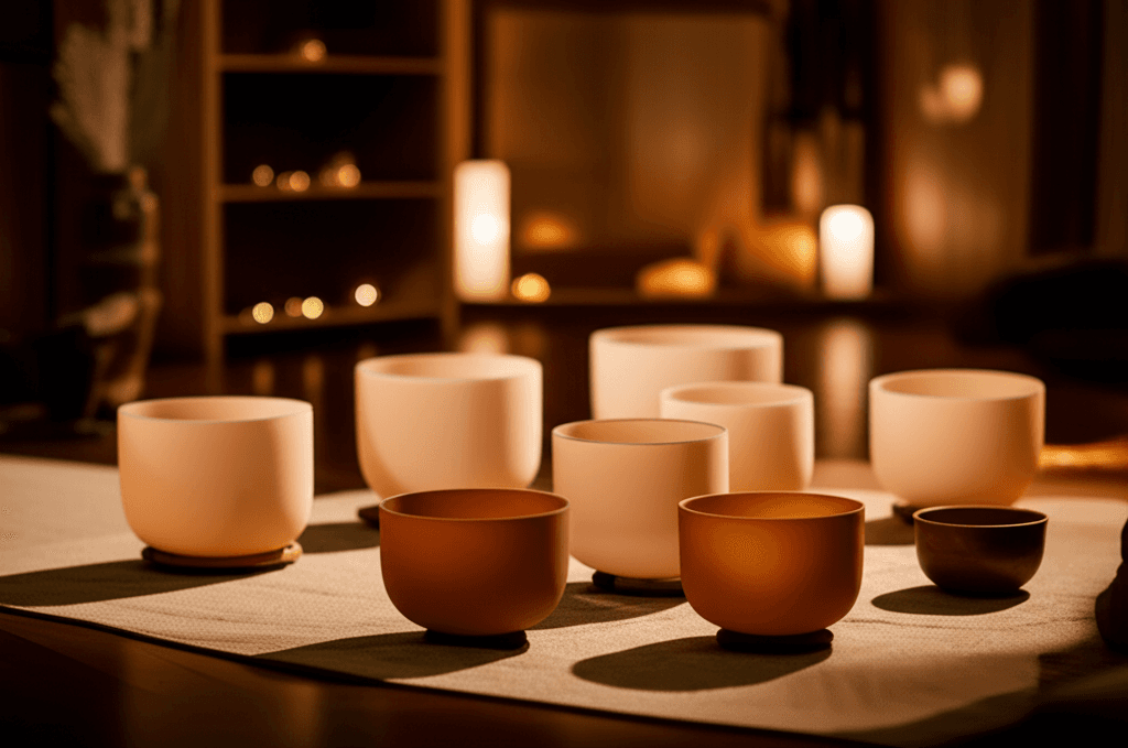 Eine Person genießt eine Klang-Massage mit Klangschalen auf dem Rücken, umgeben von einer ruhigen, warmen Atmosphäre. Soul Art Dubai und Larissa Steinbach bieten diese transformative Klangtherapie an.