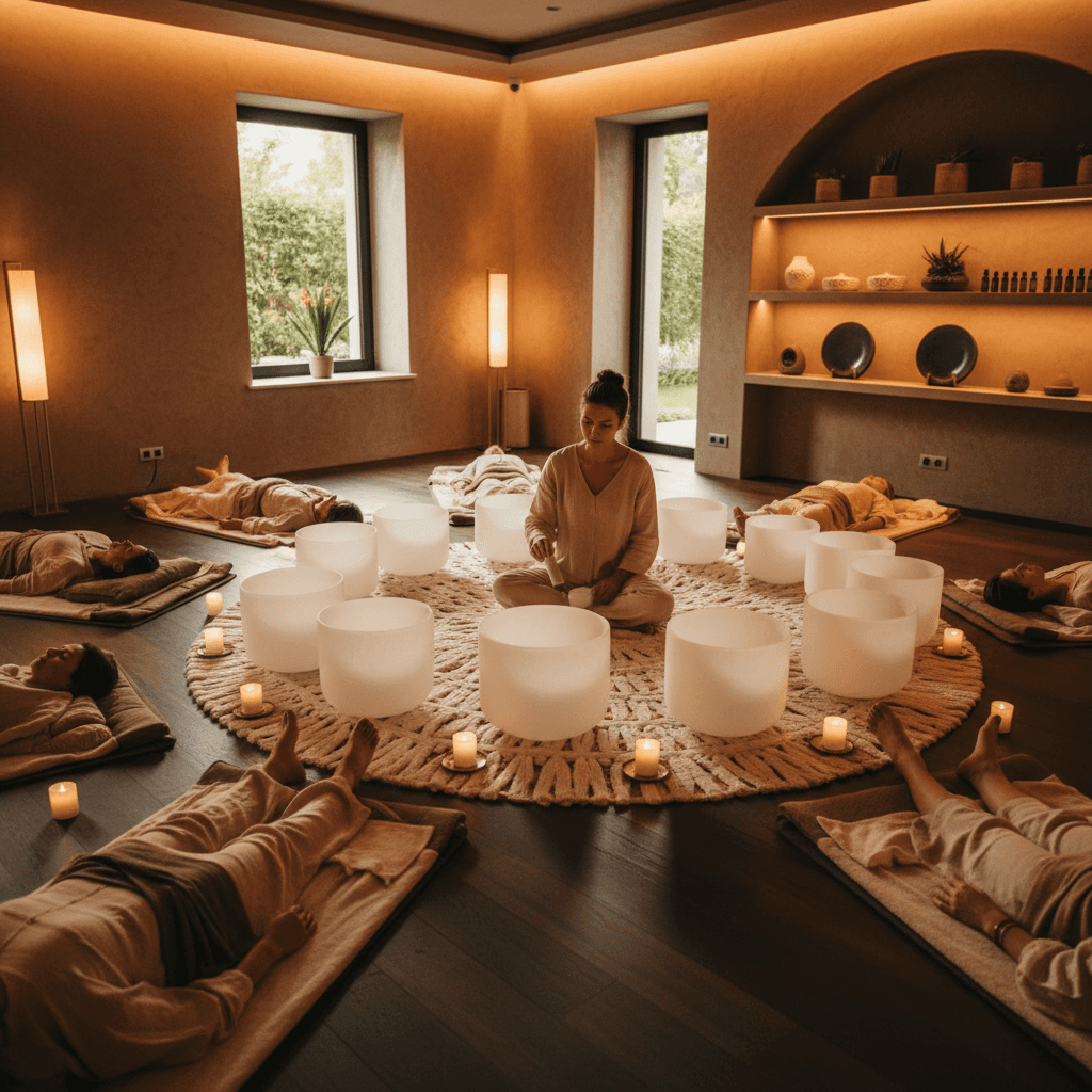 A person meditating amidst glowing sound bowls, showcasing the serene atmosphere of Soul Art Dubai and Larissa Steinbach's sound wellness studio, promoting creative flow.