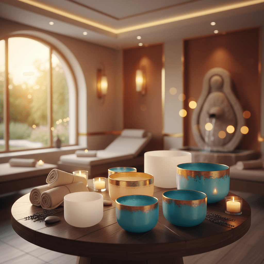 A vibrant, abstract depiction of sound waves, with a focal point of glowing light, representing the deep relaxation and inner harmony experienced at Soul Art Dubai, guided by Larissa Steinbach.