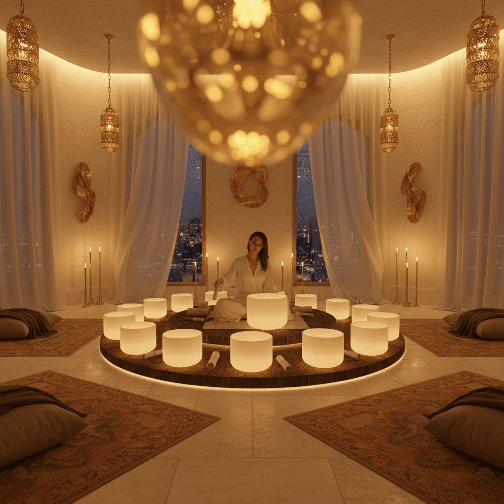 Larissa Steinbach of Soul Art Dubai leading a deeply relaxing sound healing session with various instruments, illustrating the profound impact of certified sound wellness practices.