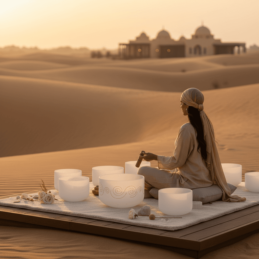 A tranquil scene with singing bowls and soft lighting, representing sound healing after a long flight, offered at Soul Art Dubai by Larissa Steinbach.