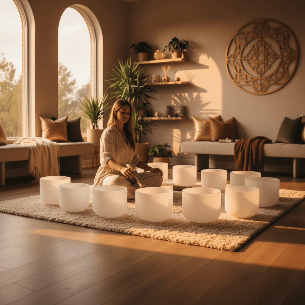A person meditating with headphones, interacting with a sound healing app on a tablet, surrounded by natural light, embodying the serene digital wellness offered by Soul Art and Larissa Steinbach.