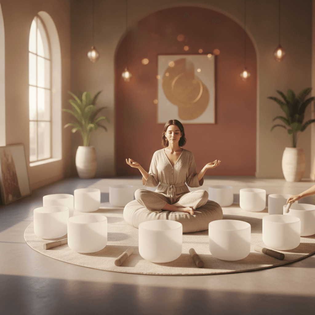 Larissa Steinbach from Soul Art Dubai leading a tranquil sound healing session with elegant crystal and Tibetan singing bowls, set against a luxurious, calming backdrop, perfect for pre-event relaxation and mental clarity.