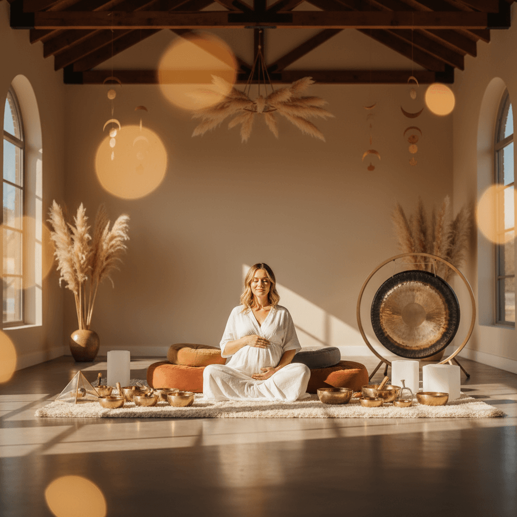 Pregnant woman meditating with sound bowls in a serene studio, surrounded by gentle light