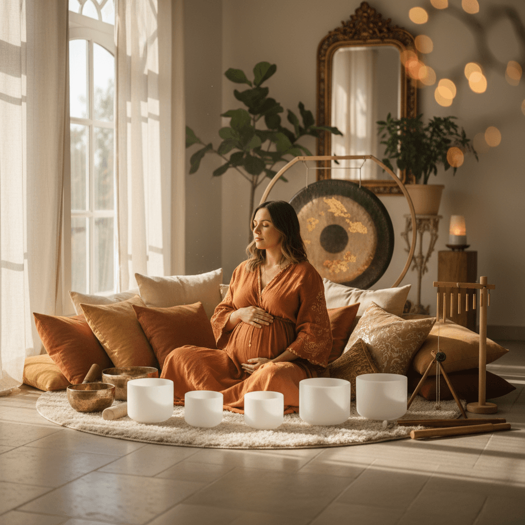 Pregnant woman meditating in a serene sound healing studio, surrounded by crystal singing bowls