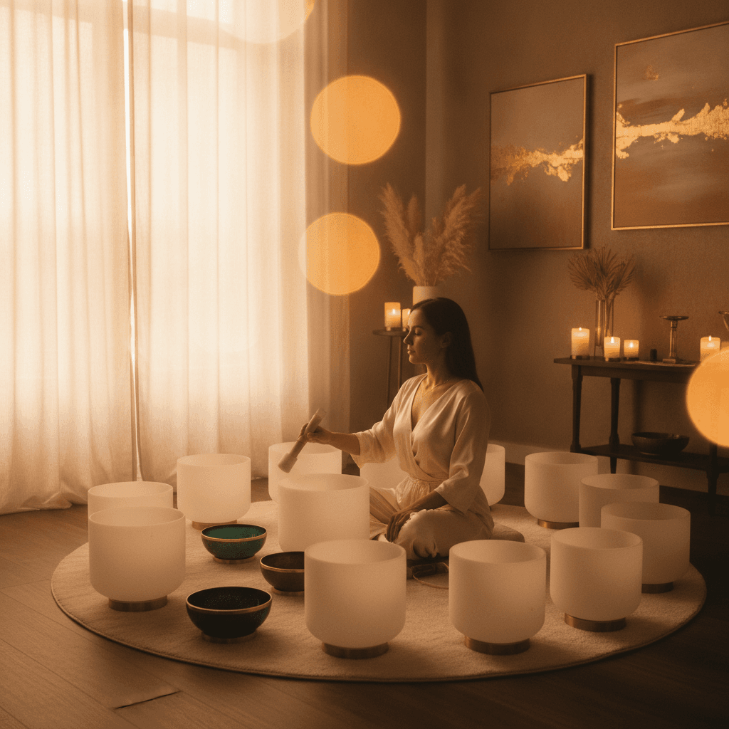 Eine Person liegt entspannt in einem eleganten Raum, umgeben von Klangschalen und sanftem Licht. Dieses Bild symbolisiert die tiefen Entspannungserlebnisse, die Larissa Steinbach bei Soul Art Dubai durch Klangheilung bietet, und verdeutlicht die Boutique-Wellness-Aktivierungen.