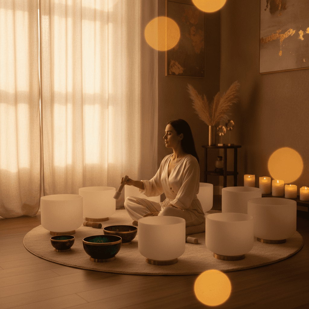 Ein entspanntes Paar bei einer Klangheilungssitzung mit Klangschalen im luxuriösen Studio von Soul Art Dubai, geleitet von Larissa Steinbach. Symbolisiert tiefe Entspannung und Verbundenheit durch Klangwellness.
