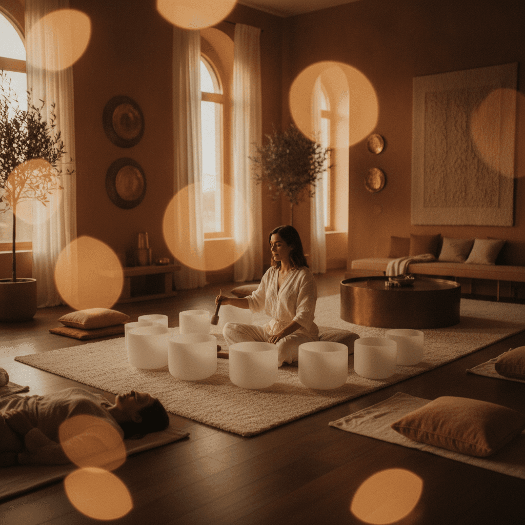 A serene group of guests relaxing during a private sound healing session at Soul Art Dubai, led by Larissa Steinbach, surrounded by glowing crystal and Tibetan singing bowls.