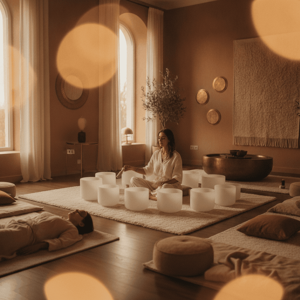 A woman in deep relaxation during a sound healing session, with singing bowls surrounding her. Soul Art Dubai and Larissa Steinbach offer sound wellness for emotional recovery.