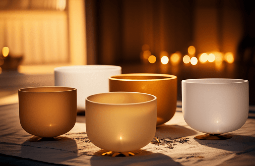 Larissa Steinbach expertly conducting a sound healing session at Soul Art Dubai, surrounded by exquisite singing bowls, providing a tranquil space for grief processing and emotional release.