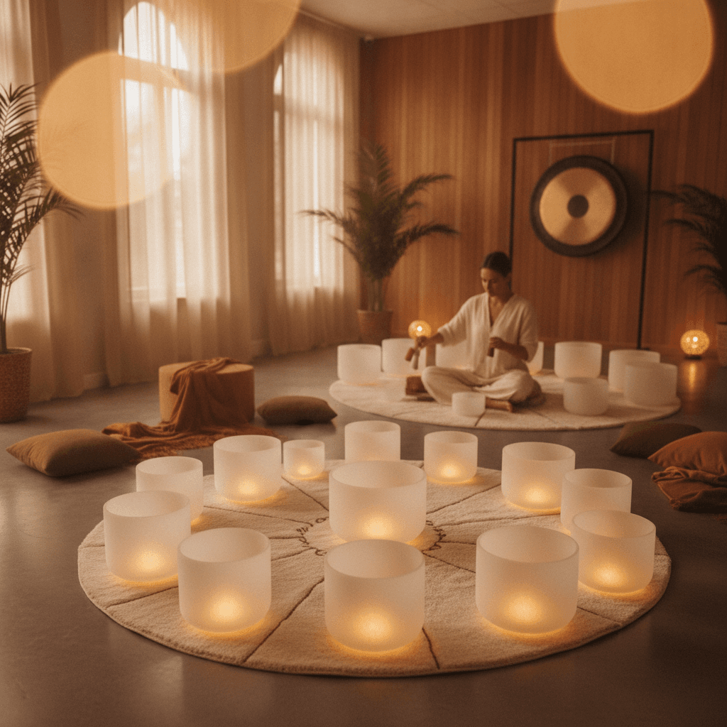 A person meditating in a serene setting with glowing singing bowls, embodying deep relaxation through Soul Art's sound healing. Featuring Larissa Steinbach's wellness expertise.