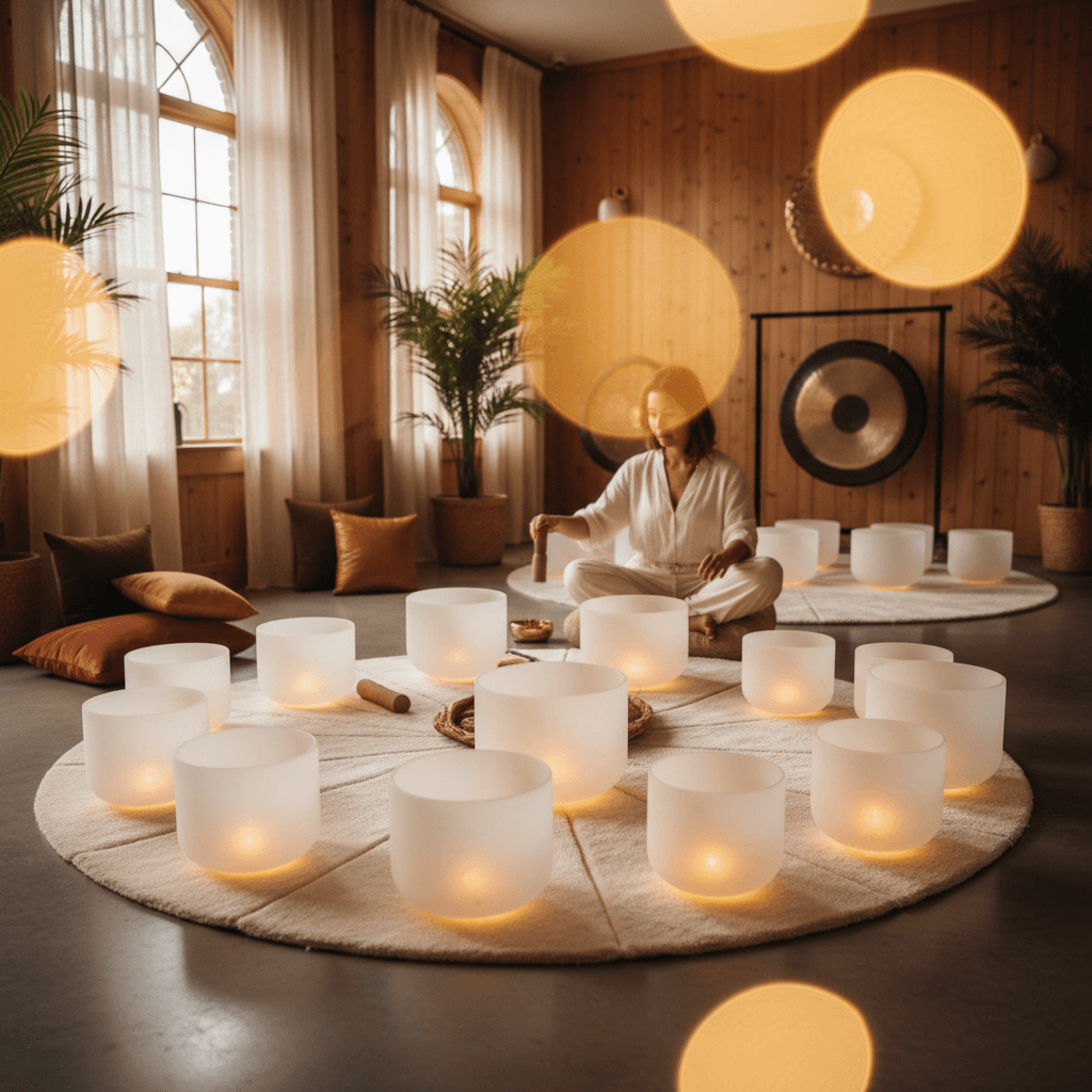 A person meditating in a comfortable, seated position, surrounded by glowing sound bowls, showcasing accessible sound healing at Soul Art Dubai with Larissa Steinbach.