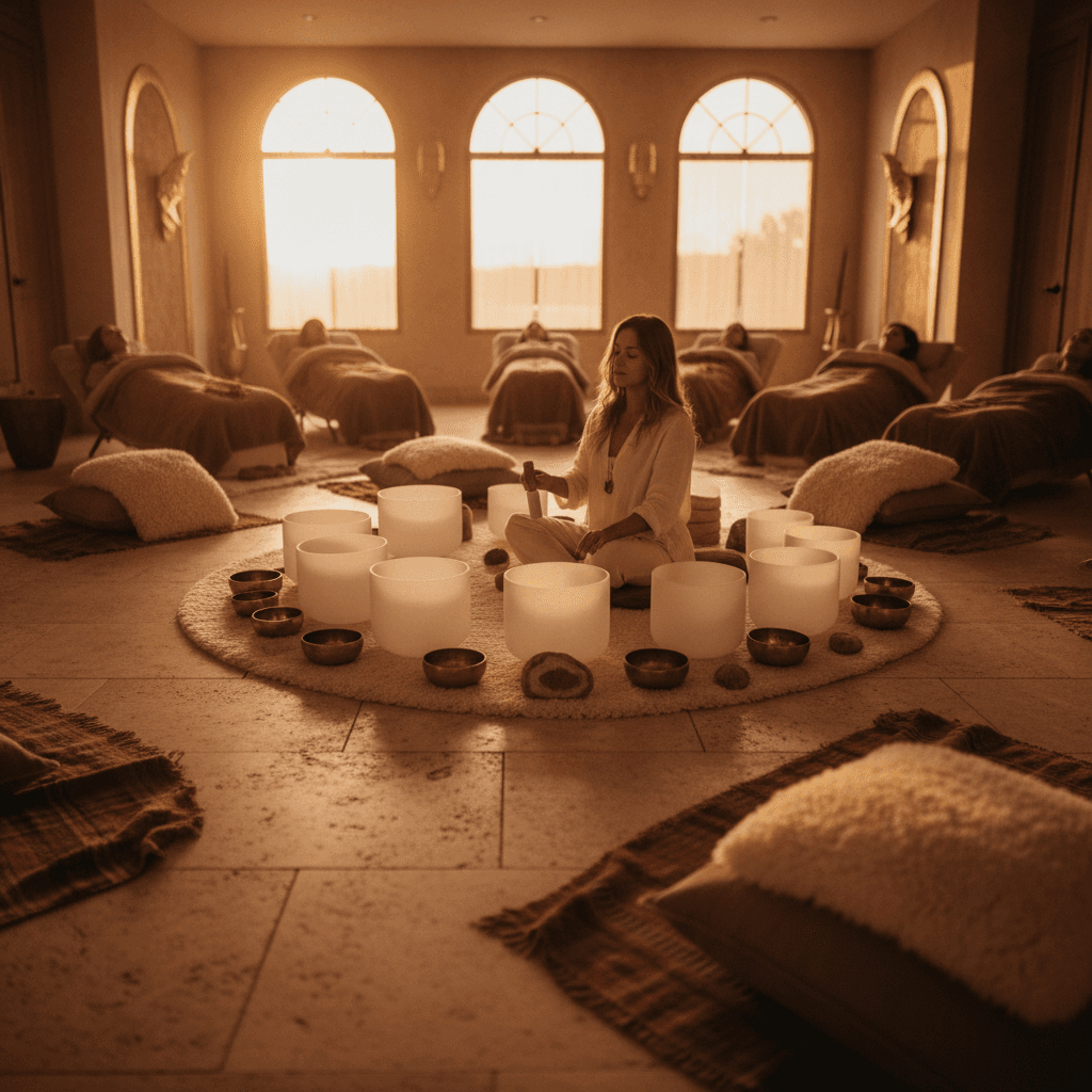 Larissa Steinbach von Soul Art in Dubai leitet eine private Klangheilungssession mit Klangschalen für einen Wellness Concierge, der tiefe Entspannung durch Klang sucht.