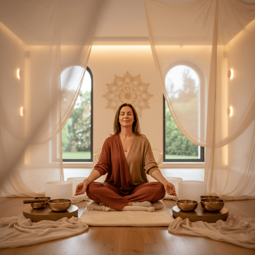 Eine Person entspannt sich während einer Klangheilungssitzung bei Soul Art in Dubai, um Umzugsstress zu bewältigen, geleitet von Larissa Steinbach.