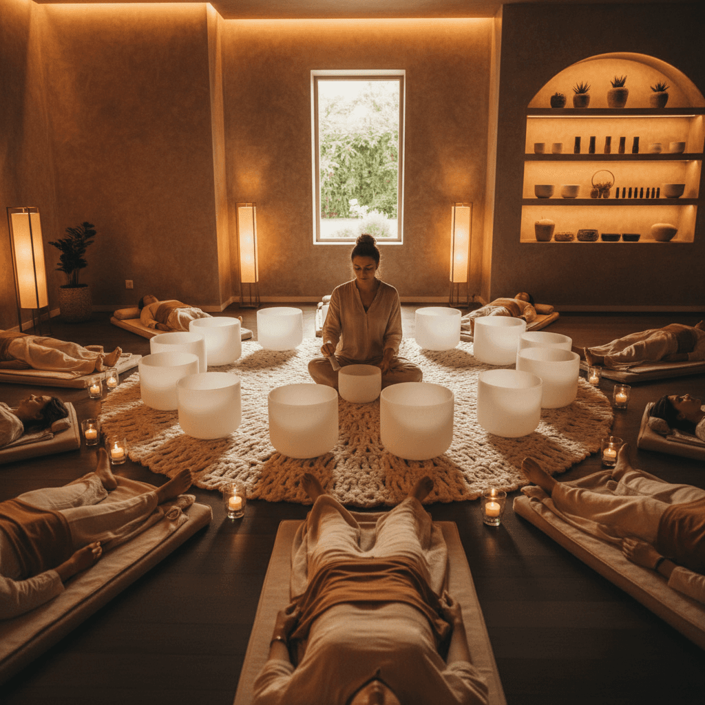 A person meditating during a sound healing session, surrounded by crystal singing bowls, with soft light. Soul Art Dubai logo subtly present, representing Larissa Steinbach's studio combatting screen fatigue.