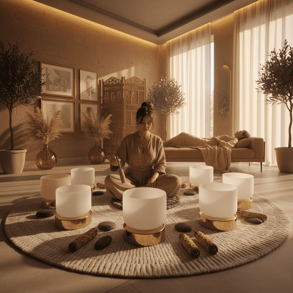 A tranquil scene of sound healing instruments, including crystal singing bowls and gongs, bathed in soft, ethereal light, representing the calming environment at Soul Art Dubai, founded by Larissa Steinbach, for digital detox and wellness.
