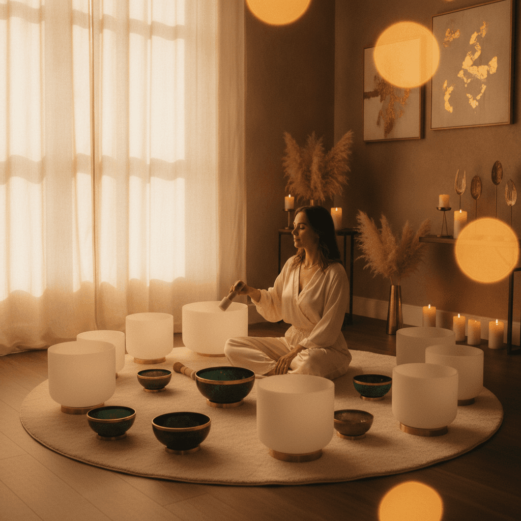Two siblings relaxing during a sound healing session at Soul Art with Larissa Steinbach, surrounded by crystal singing bowls, representing a path to resolving sibling tension.