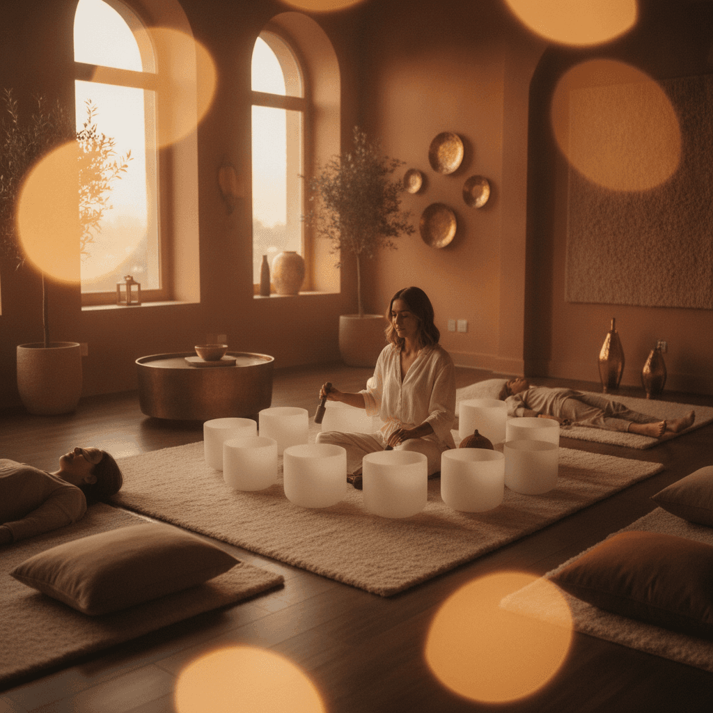 A Soul Art sound healing session in Dubai, featuring crystal singing bowls, gongs, and a serene ambiance, led by Larissa Steinbach, for enhanced well-being.